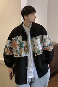 1港风休闲宽松刺绣潮拼接翻领大码M-5XL工装夹克男7568P85控118图片