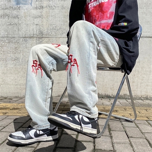 秋季港风ins潮牌刺绣宽松直筒裤美式复古水洗牛仔裤男 K5410-P37图片
