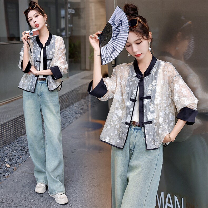 新中式國风女装唐装防嗮衣外套高端2024新款缎面刺绣年轻款禅意,女装防晒衣,曼娅璐