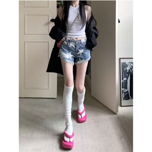 高腰流苏五角形印花复古阔腿短牛仔裤女夏季2025新款个性街头热裤图片