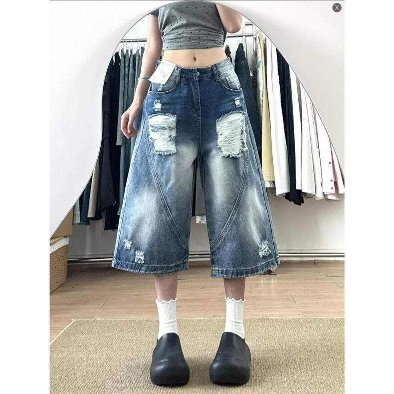 大码美式复古渐变水洗破洞牛仔七分裤男女夏季直筒宽松阔腿中裤潮,男装牛仔裤,星座506A