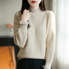 甜美蕾丝花边领保暖针织毛衣女2025秋冬新款半高领打底上衣内搭，女装针织衫/毛衣，源达羊绒