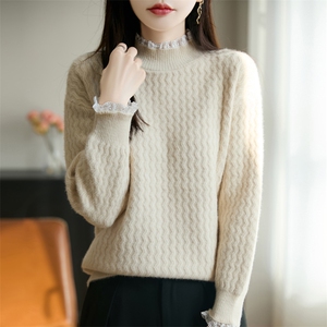 甜美蕾丝花边领保暖针织毛衣女2025秋冬新款半高领打底上衣内搭图片