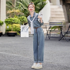 2025年秋新款蕾丝披肩小个子宽松休闲工装牛仔连体裤，女装连体裤，瑶迪