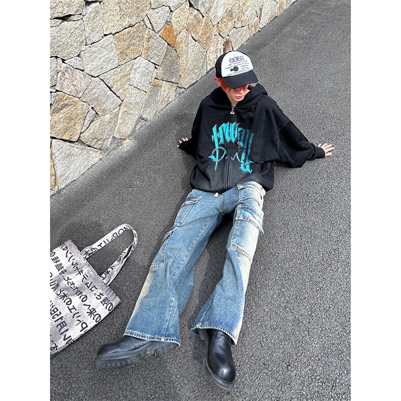 B221美式ins高街重工艺宽松做旧工装牛仔裤子LK23143-P80控108,男装牛仔裤,电商B221