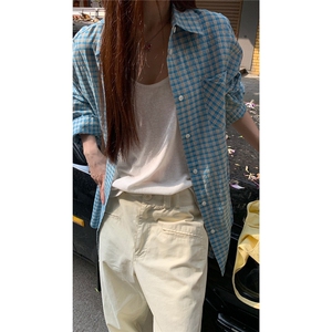 有货DC10-特批35蓝色格子polo领长袖防晒衬衫女夏季薄图片