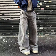 水洗做旧灰色牛仔裤男cleanfit美式高街复古宽松直筒垂感阔腿长裤，男装牛仔裤，星座506A