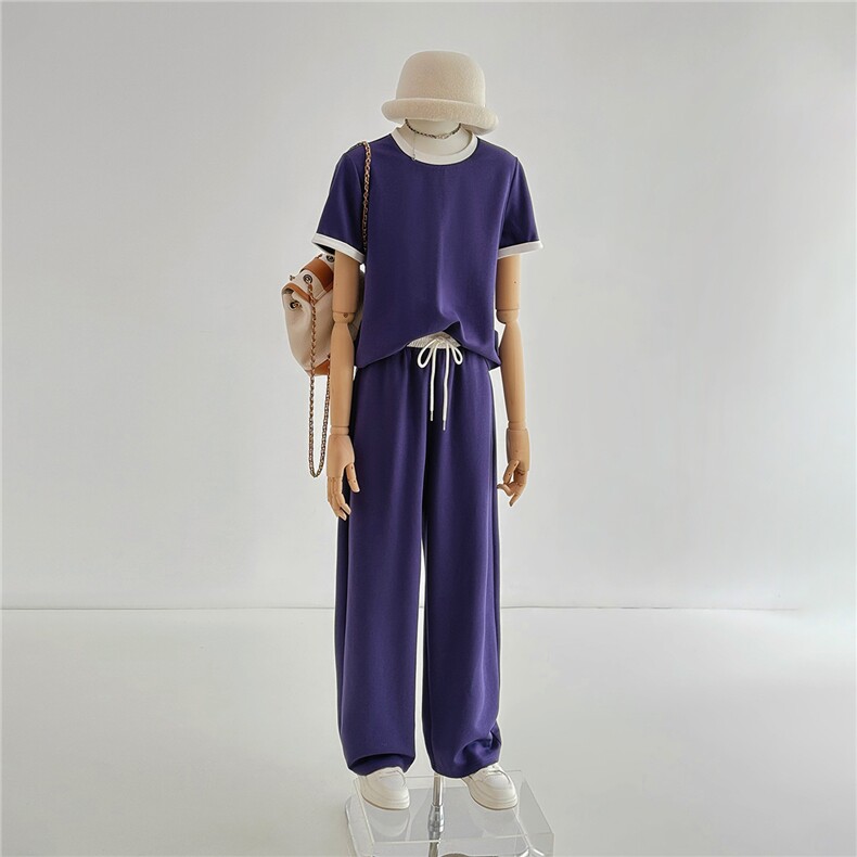 高级感休闲运动套装女夏洋气显瘦圆领拼接短袖上衣阔腿长裤两件套,女装套装/套裙,江南