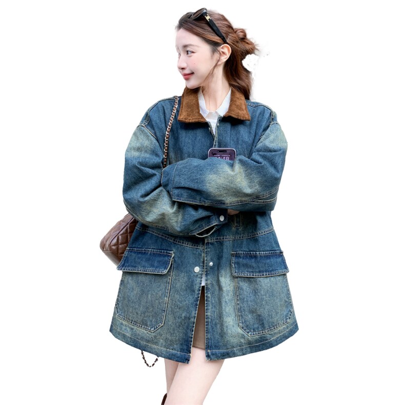 新款店里大货复古色中长款牛仔外套p165k268,女装风衣,2C295