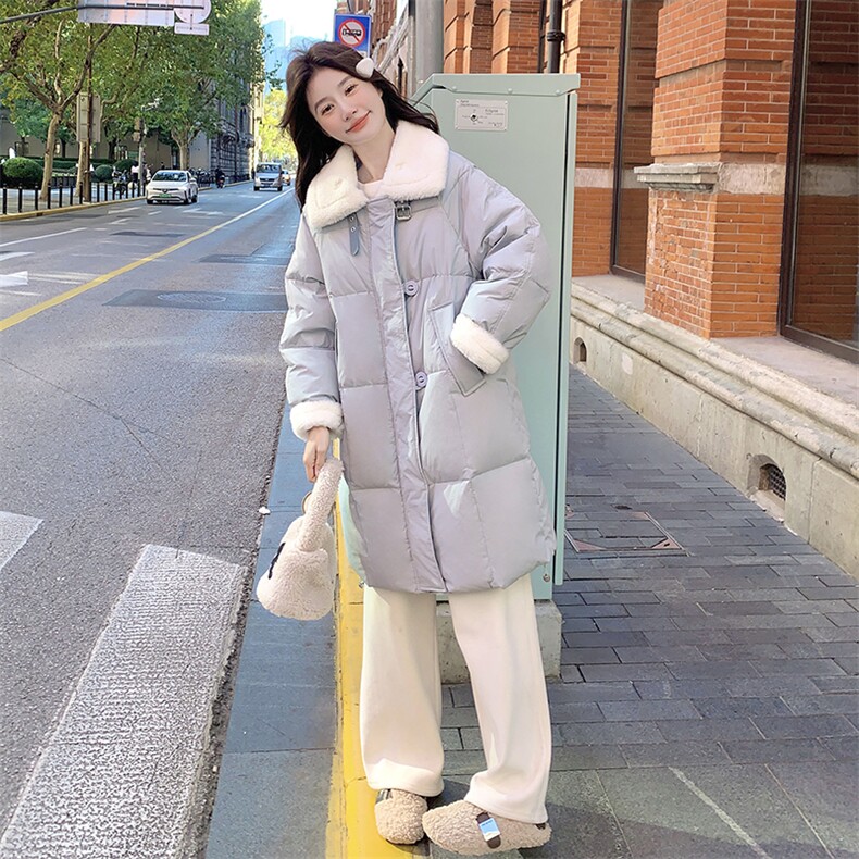 蓝色中长款羽绒服女2025冬季新款今年流行超好看小个子白鸭绒外套,女装羽绒服,2C129