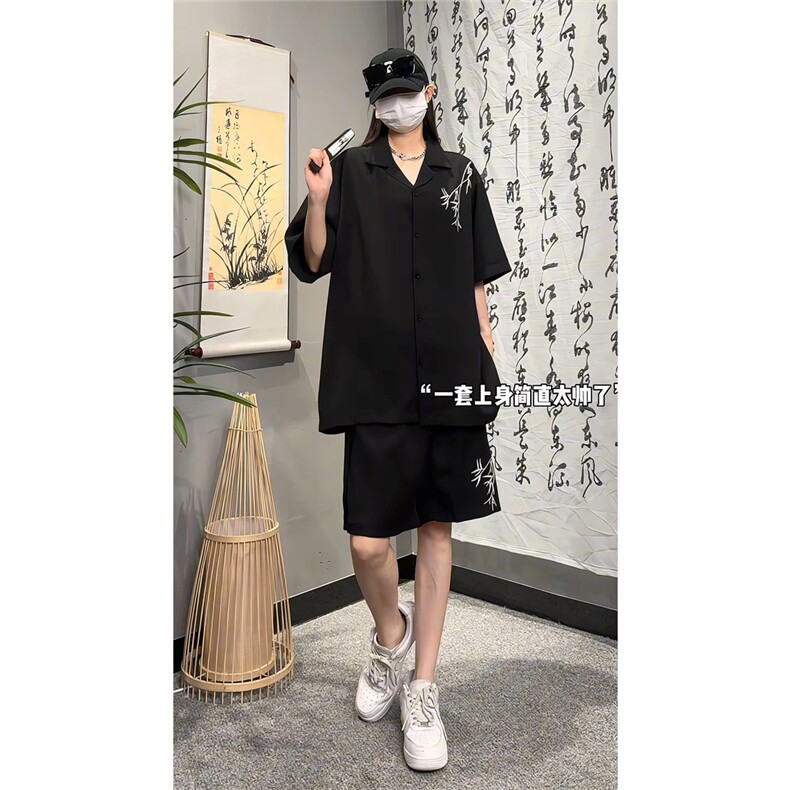新中式男风翻领短袖衬衫夏季复古竹子绣花短裤套装TZ505-P60,男装牛仔裤,电商A006