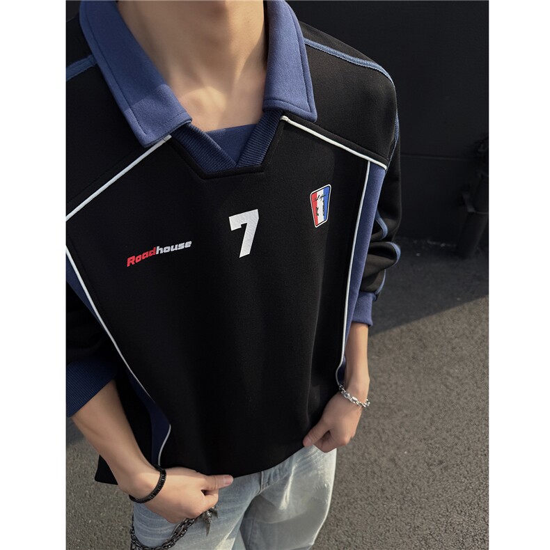 美式复古拼接设计感运动风polo领情侣卫衣宽松外套男H1059P68，女装短外套，电商A341