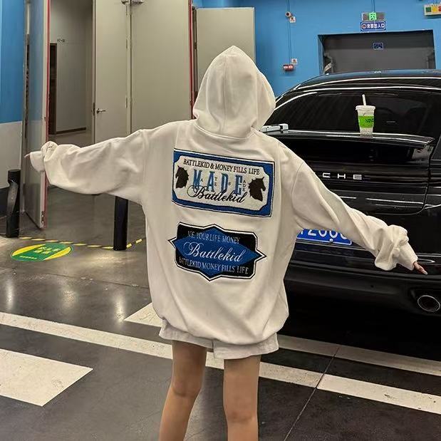 MEDM复古排版毛巾绣拉链连帽卫衣男美式街头休闲外套春秋帽衫,女装短外套,四季星座505