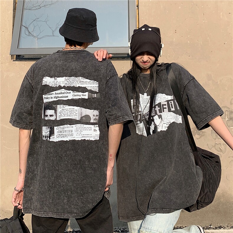 情侣装夏装2026新款水洗做旧印花圆领宽松短袖T恤男D258P38男类,男装T恤,电商A335-1（原A458）