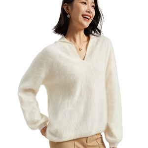 拉绒系列-秋冬新款纯山羊绒V领宽松休闲软糯气质女针织打底衫图片
