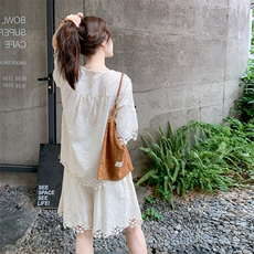 蕾丝拼接白色衬衫短裤套装女夏法式慵懒风软实力穿搭两件套巨好看，女装套装/套裙，浙宝217