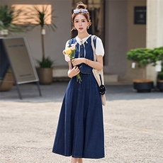 时尚休闲牛仔马甲套装裙女2025夏季新款短袖衬衫高腰半身裙三件套，女装套装/套裙，罗腾