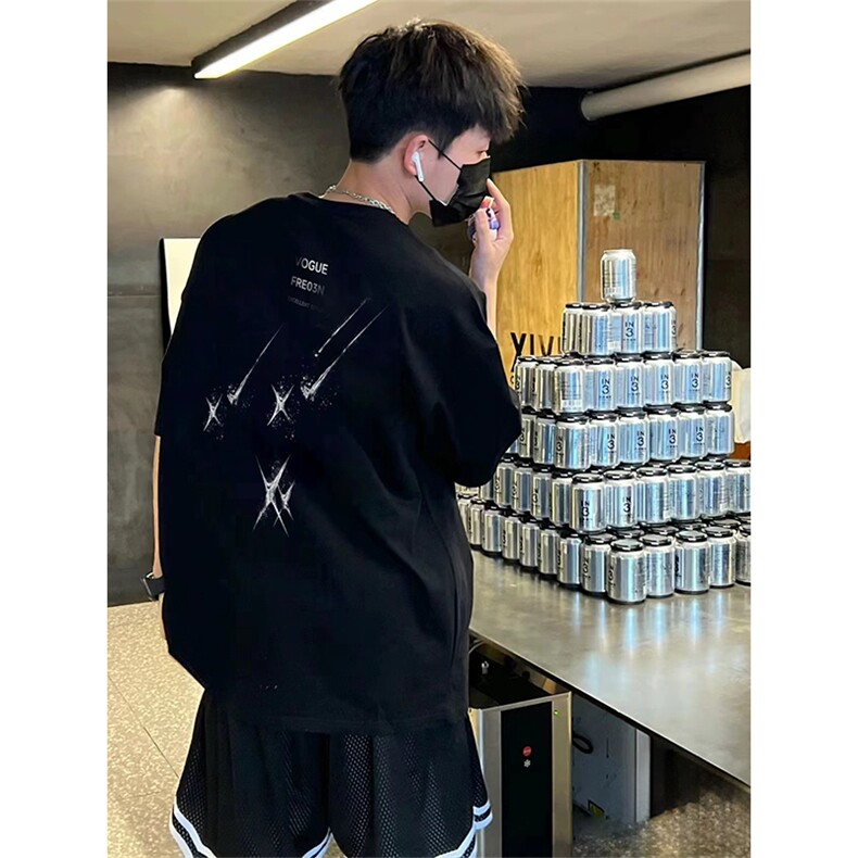 抖音得物供货210克现货宽松纯棉美式潮牌印花落肩袖纯棉T恤AT2174,男装T恤,电商A443