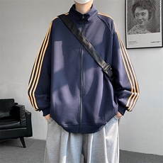 藏青色条纹开衫卫衣情侣ootd穿搭美式潮牌复古休闲立领拉链夹克秋，男装夹克，星座1013-1
