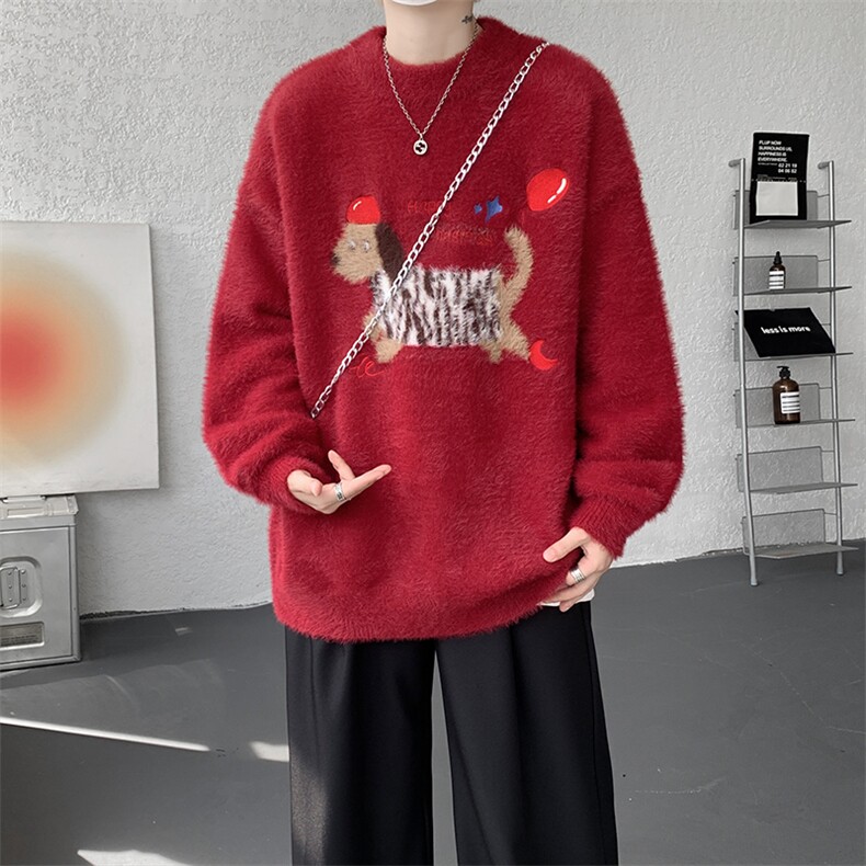 腊肠狗情侣毛衣男酒红色本命年针织衫男高级感线衫MY1222-P68,男装针织衫/毛衣,电商D206-1