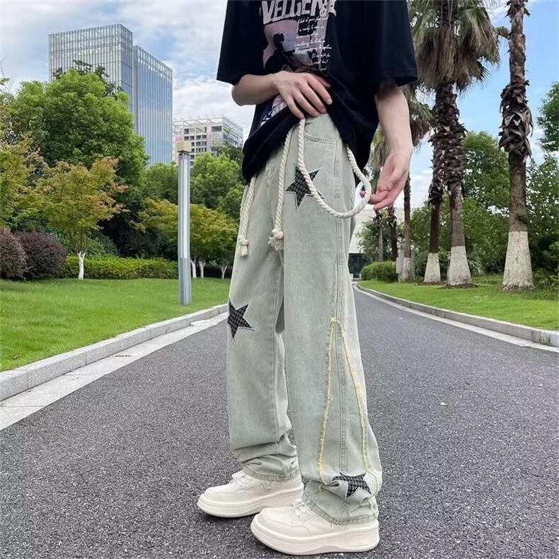 港风夏款男牛仔裤五角星刺绣长腰带宽松长裤NK6092P50,男装牛仔裤,星座1013-1
