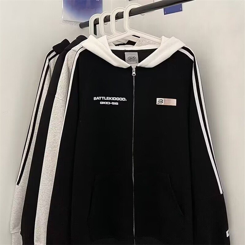 美式潮条纹织带开衫连帽卫衣男春秋情侣宽松休闲外套WYK109P48,女装短外套,星座1013-5
