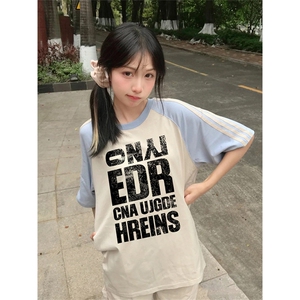 抖音得物品质二开240克宽松纯棉美式潮牌插肩三杠织带短袖T恤图片
