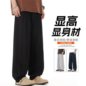 冰丝垂感休闲裤男春夏季新款美式潮流运动宽松直筒百搭阔腿长裤子图片