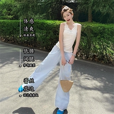 浅蓝色条纹阔腿休闲裤女2025新款夏宽松慵懒风遛弯运动裤子垂坠感，女装休闲裤，星座1210-1