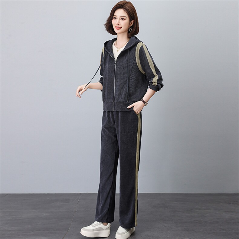 2024春秋季新款灯芯绒时尚休闲气质个性减龄休闲撞色套装，女装套装/套裙，独衣靓