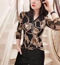 春装新款韩网印花长袖衬衫，女装衬衫，赫琳娜