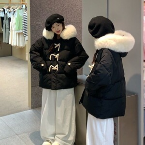 8809#光版手塞棉 紫色牛角扣棉服女冬季宽松大毛领加厚面包服外套图片