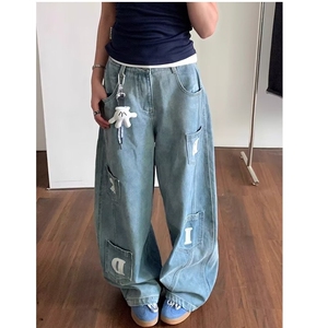 潮美式复古字母小标刺绣口袋弯刀装牛仔裤百搭裤NA6073-P55图片