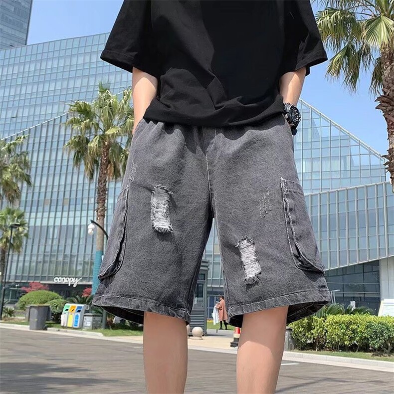 夏季工装牛仔裤男港风潮牌痞帅阔腿休闲裤潮流宽松短裤DK153-p40,男装牛仔裤,星座1008-2