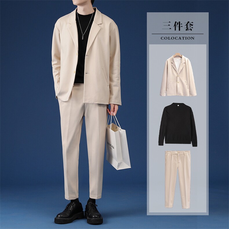 秋冬新款毛呢男士轻熟风学院风三件套潮牌港风韩版潮流毛呢套装，男装西服套装，星座505-2（原电商A260-1)