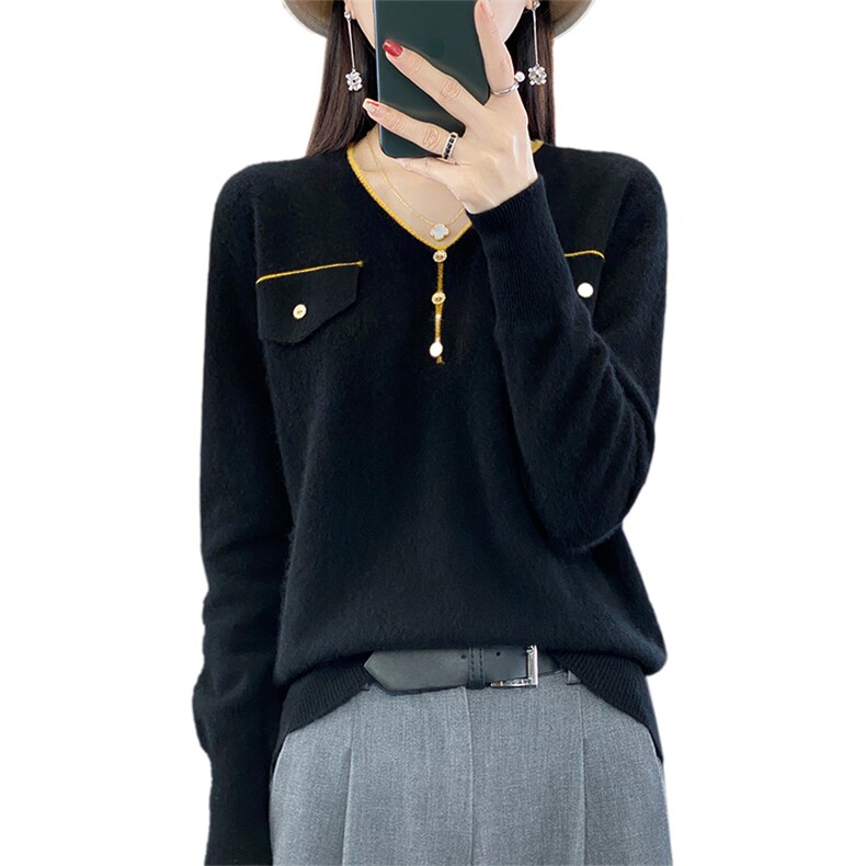 V领羊毛衫女2024年新款秋季薄款套头毛衣宽松外穿慵懒风,女装羊毛衫,蒙特羊绒