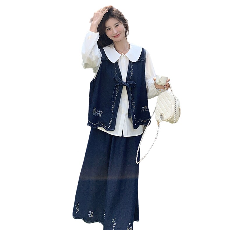 新中式时尚牛仔套装女潮娃娃领衬衫宽松百搭刺绣马甲半身裙三件套,女装套装/套裙,2C218