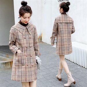 韩版时尚优雅格纹毛呢外套女秋冬季新款显瘦气质双排扣中长款大衣,女装毛呢外套,秋水欣儿