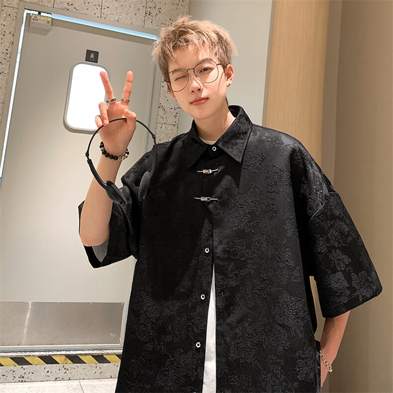 新中式绣花提花短袖衬衫港风休闲T恤，男装衬衫，星座907