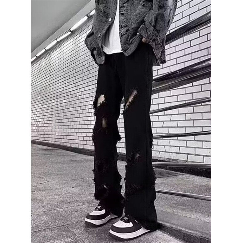 复古破洞微喇叭黑色牛仔裤男潮牌高街直筒显瘦宽松裤子NZ818,男装牛仔裤,星座1116A（原606A-3）