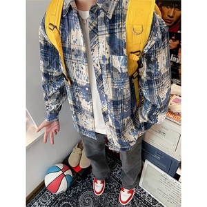 蓝色绿色扎染衬衫男春秋长袖美式复古衬衣外套CS3039NN特P38图片