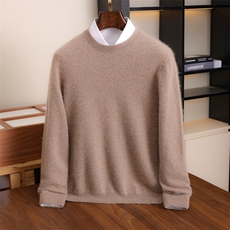 秋冬季新款舒适时尚百搭12针一线成衣包边圆领男士衫，男装羊绒套衫，伊绒腾羊绒