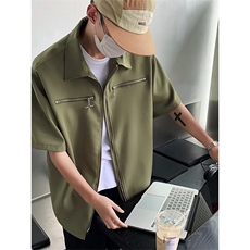 2024夏季美式拉链设计衬衫短袖高街男女宽松休闲潮牌上衣~CY02，男装衬衫，星座601-2