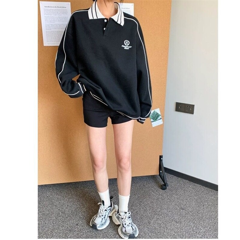 W9536-P50网图现货美式复古运动风翻领卫衣宽松长袖POLO衫潮,男装Polo衫,星座1608-2