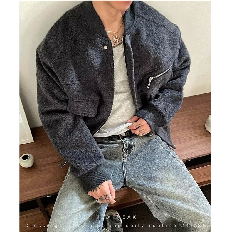 美式潮流夹棉毛呢棉服外套男冬季落肩宽松呢料棉衣夹克,男装棉衣,星座506A