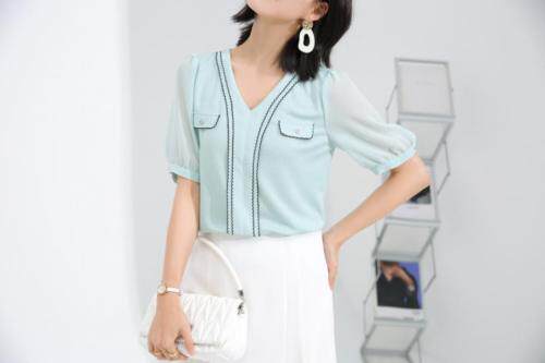 2021夏装新款针织拼雪纺上衣短袖，女装，秋子丰色(1F)