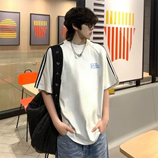 抖音得物高品质二开240克宽松纯棉美式潮牌三条杠织带短袖T恤，男装T恤，电商A486-1