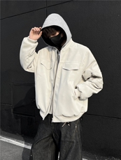 假两件荔枝纹皮夹克双色连帽棉服外套男款复古皮棉衣2309P118，男装夹克，星座506-1