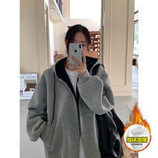 480G重磅加绒硬挺boxy男女秋冬美式高街双层撞色连帽卫衣开衫外套，女装短外套，电商A486