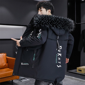 新款派克服男士中长款连帽带毛领棉衣外套